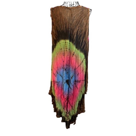 Sun Dress—True Rock Free Size Tie-Dye Rayon Embroidered V-neck, Brown Pink - Picture 2 of 12